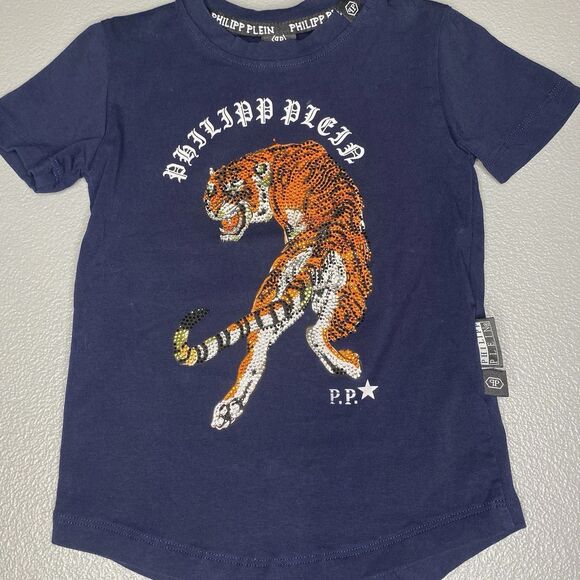 Philipp Plein T-shirt Blue Rhinestone Tiger Boys Size 2 Years 2T 12-24 Months - Picture 2 of 12